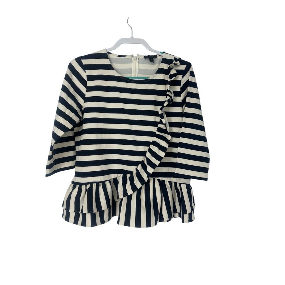 ⚓️ J. Crew Navy Blue Striped Ruffle Drop Waist Top Medium ⚓️ - Picture 2 of 7